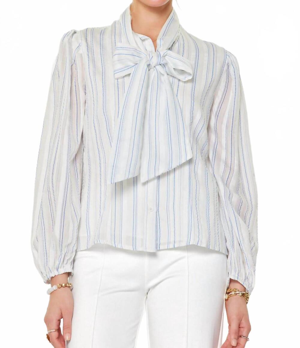 NEW CURRENT AIR women's puffed sleeve tie neck shirt in white blue stripe